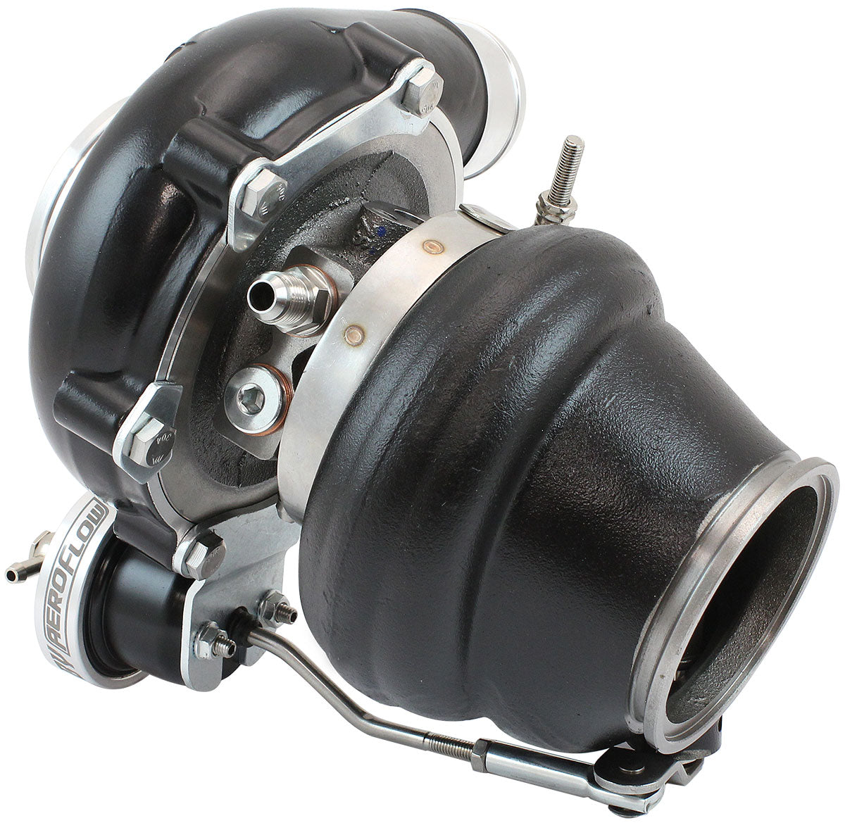 BOOSTED B5455.92 Reverse Rotation Turbocharger 660HP, Hi Temp Black Finish   Internal Wastegate, V-Band Inlet & Exhaust Flanges