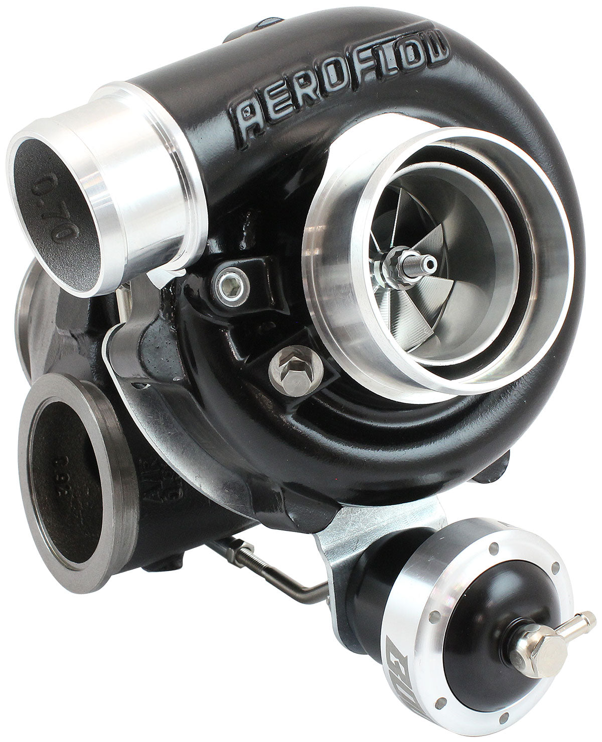 BOOSTED B5455.92 Reverse Rotation Turbocharger 660HP, Hi Temp Black Finish   Internal Wastegate, V-Band Inlet & Exhaust Flanges