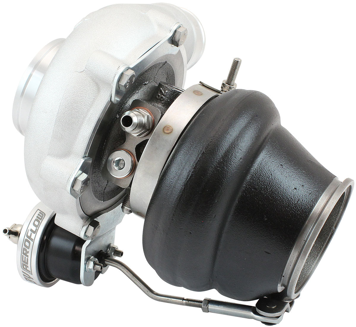 BOOSTED B5455.92 Reverse Rotation Turbocharger 660HP, Natural Cast Finish   Internal Wastegate, V-Band Inlet & Exhaust Flanges