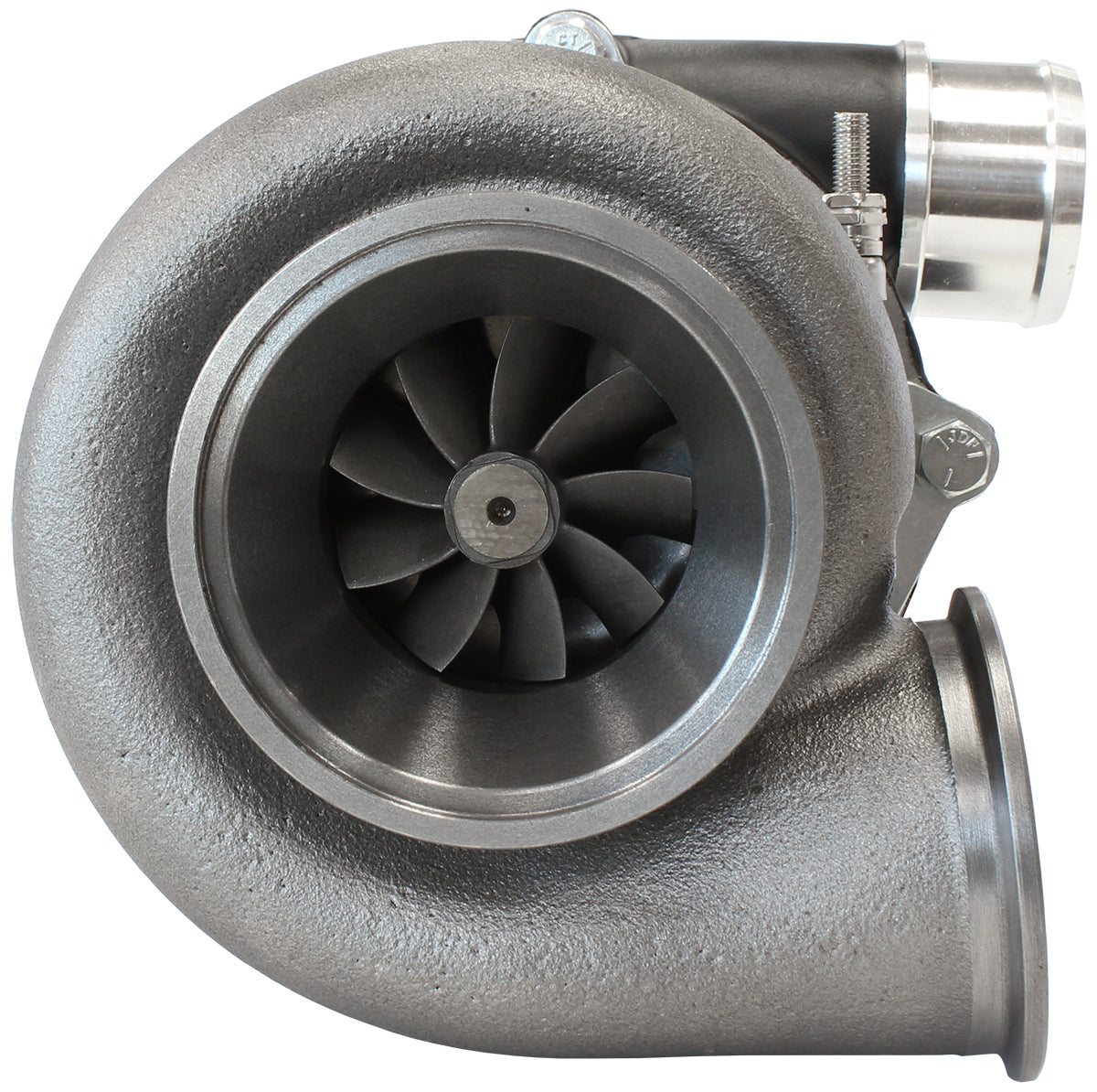 BOOSTED B5455 .83 Reverse Rotation Turbocharger 660HP, Hi Temp Black Finish   External Wastegate, V-Band Inlet & Exhaust Flanges