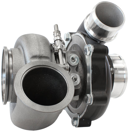 BOOSTED B5455 .83 Reverse Rotation Turbocharger 660HP, Hi Temp Black Finish   External Wastegate, V-Band Inlet & Exhaust Flanges