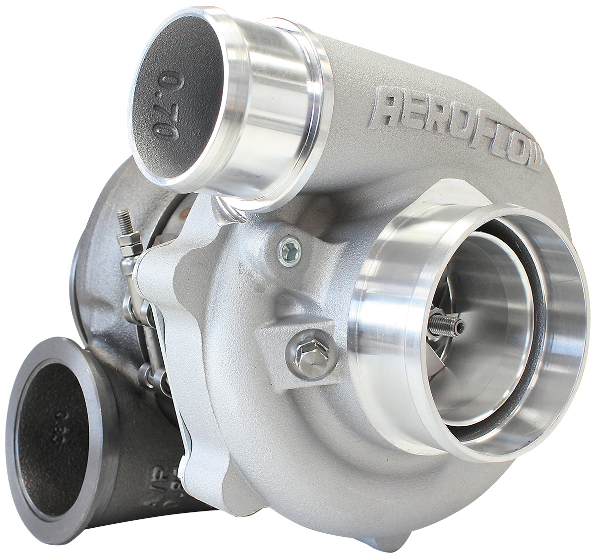 BOOSTED B5455 .83 Reverse Rotation Turbocharger 660HP, Natural Cast Finish   External Wastegate, V-Band Inlet & Exhaust Flanges