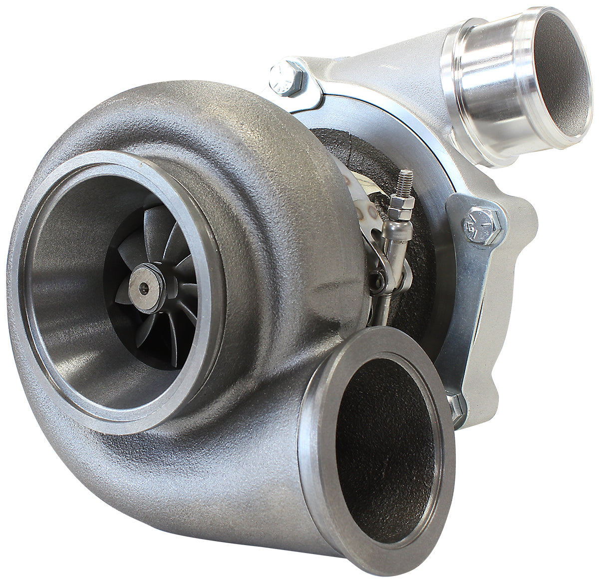 BOOSTED B5455 .83 Reverse Rotation Turbocharger 660HP, Natural Cast Finish   External Wastegate, V-Band Inlet & Exhaust Flanges