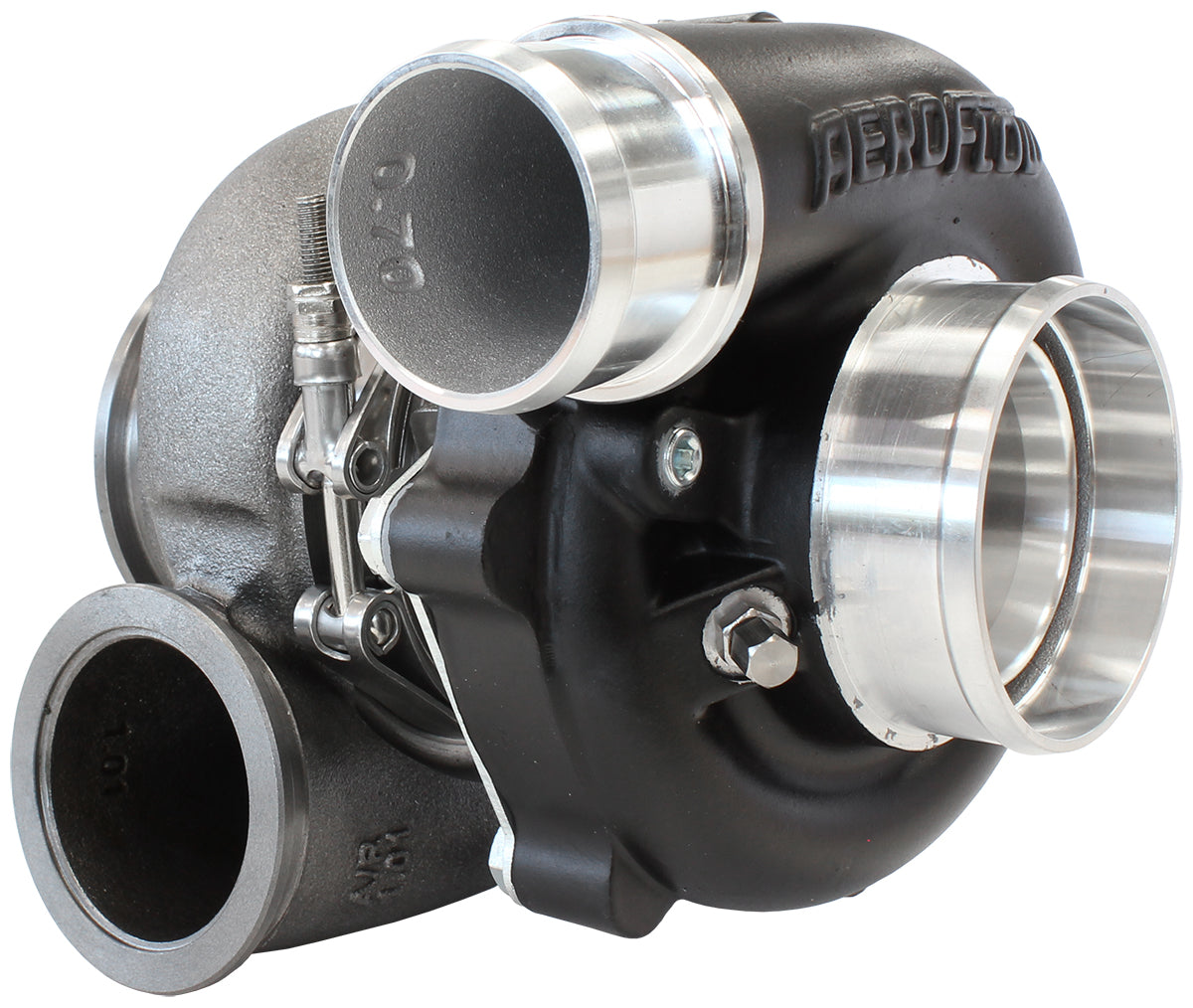 BOOSTED B5455 1.01 Reverse Rotation Turbocharger 660HP, Hi Temp Black Finish   External Wastegate, V-Band Inlet & Exhaust Flanges