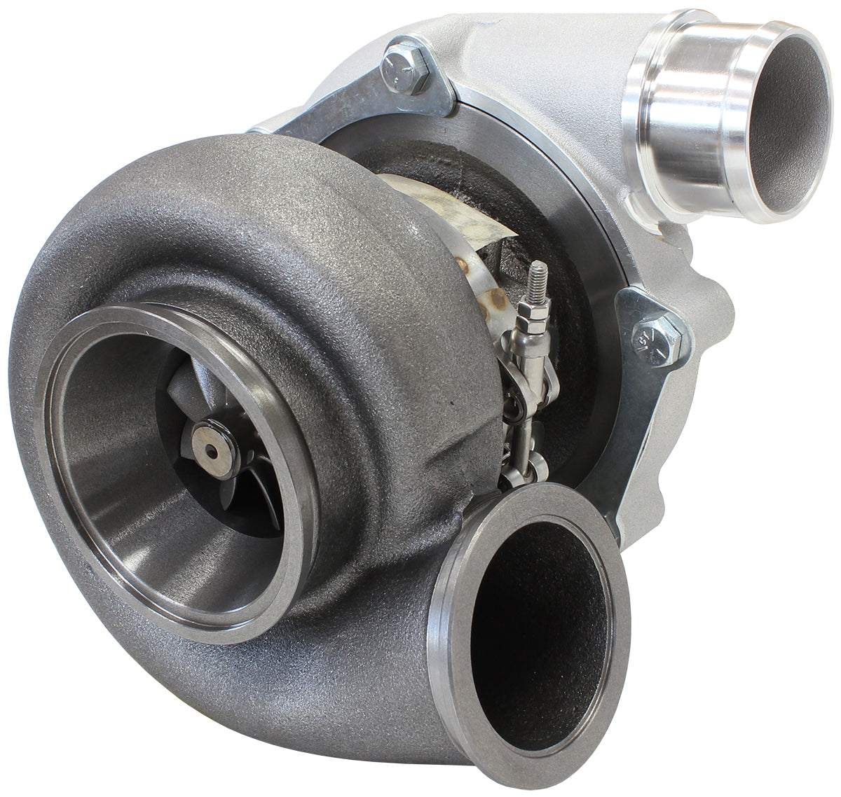 BOOSTED B5455 1.01 Reverse Rotation Turbocharger 660HP, Natural Cast Finish   External Wastegate, V-Band Inlet & Exhaust Flanges