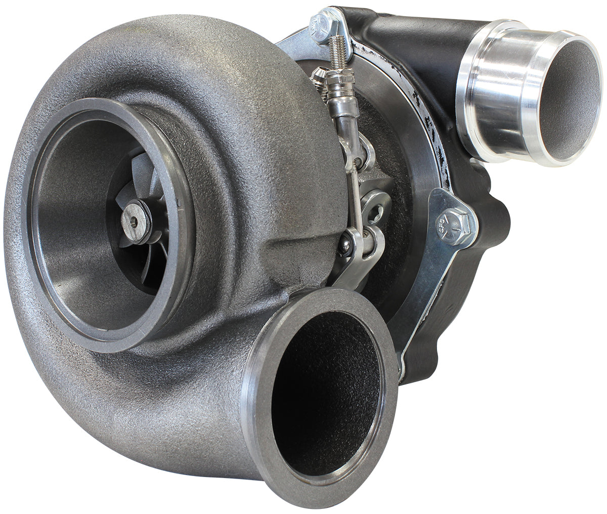 BOOSTED B5455 1.21 Reverse Rotation Turbocharger 660HP, Hi Temp Black Finish   External Wastegate, V-Band Inlet & Exhaust Flanges