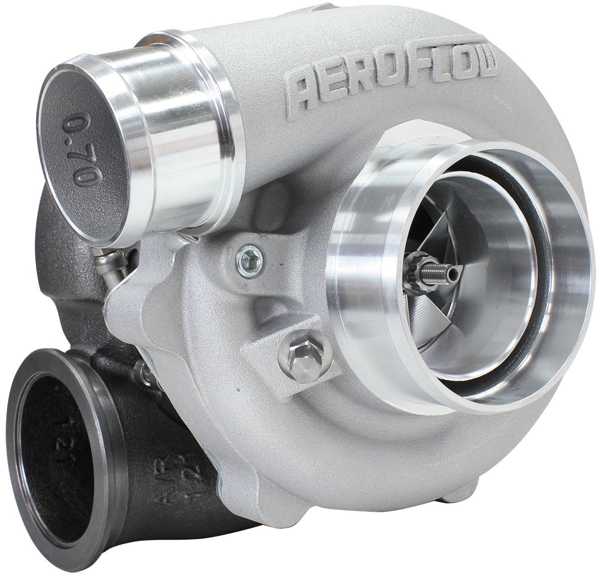 BOOSTED B5455 1.21 Reverse Rotation Turbocharger 660HP, Natural Cast Finish   External Wastegate, V-Band Inlet & Exhaust Flanges