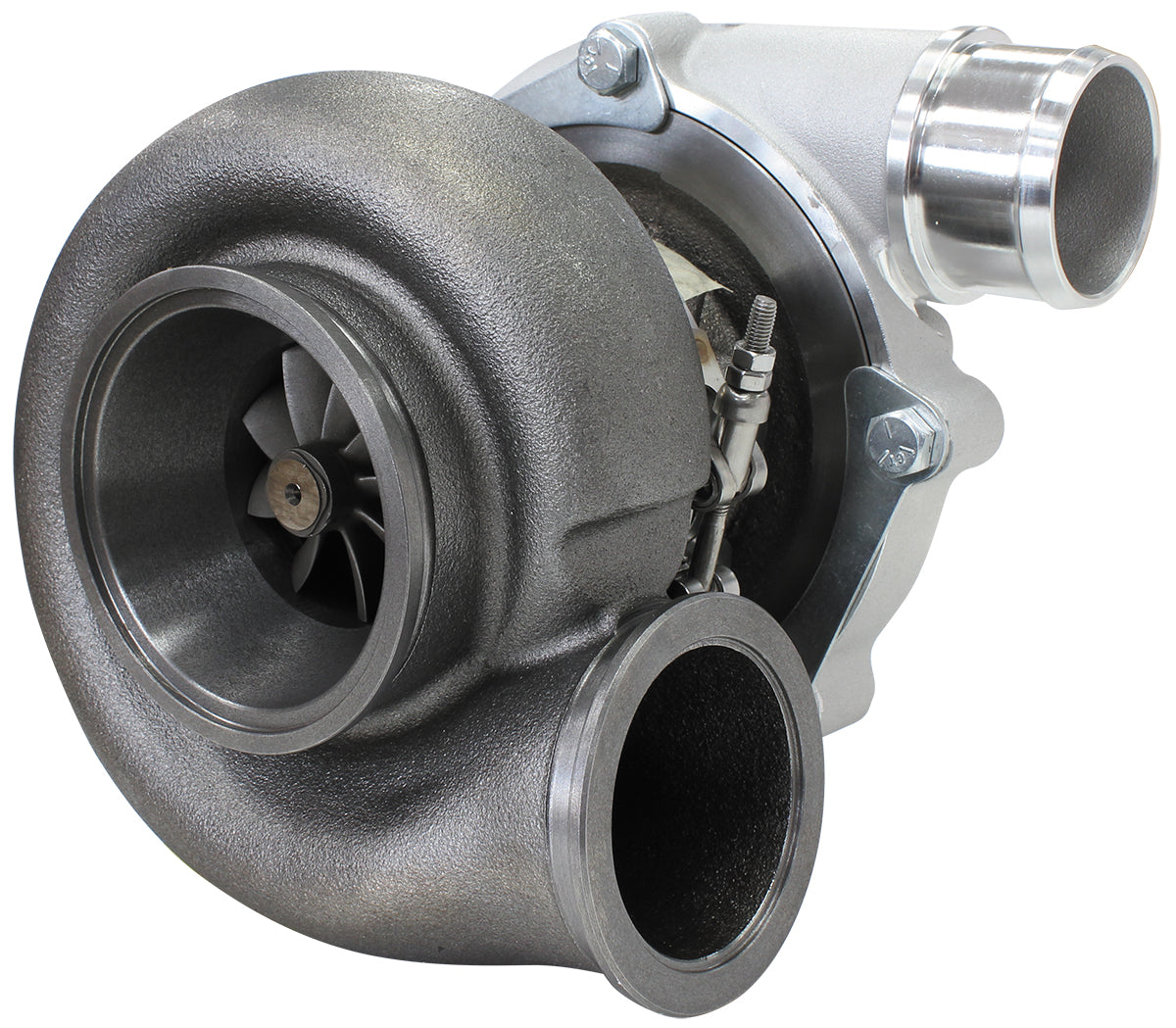 BOOSTED B5455 1.21 Reverse Rotation Turbocharger 660HP, Natural Cast Finish   External Wastegate, V-Band Inlet & Exhaust Flanges
