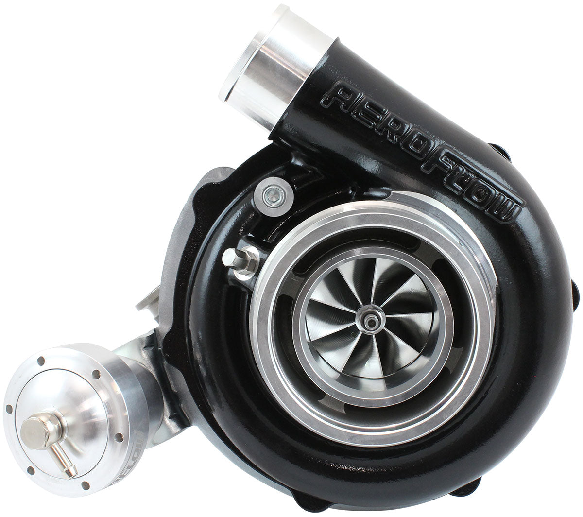 BOOSTED B5855.92 Reverse Rotation Turbocharger 770HP, Hi Temp Black Finish   Internal Wastegate, V-Band Inlet & Exhaust Flanges