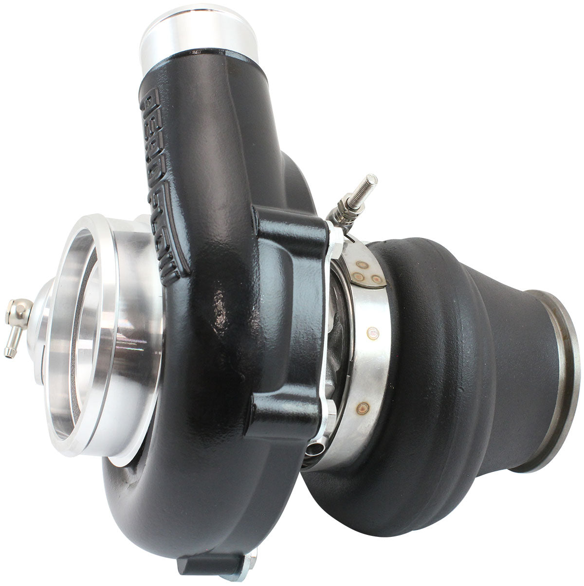 BOOSTED B5855.92 Reverse Rotation Turbocharger 770HP, Hi Temp Black Finish   Internal Wastegate, V-Band Inlet & Exhaust Flanges