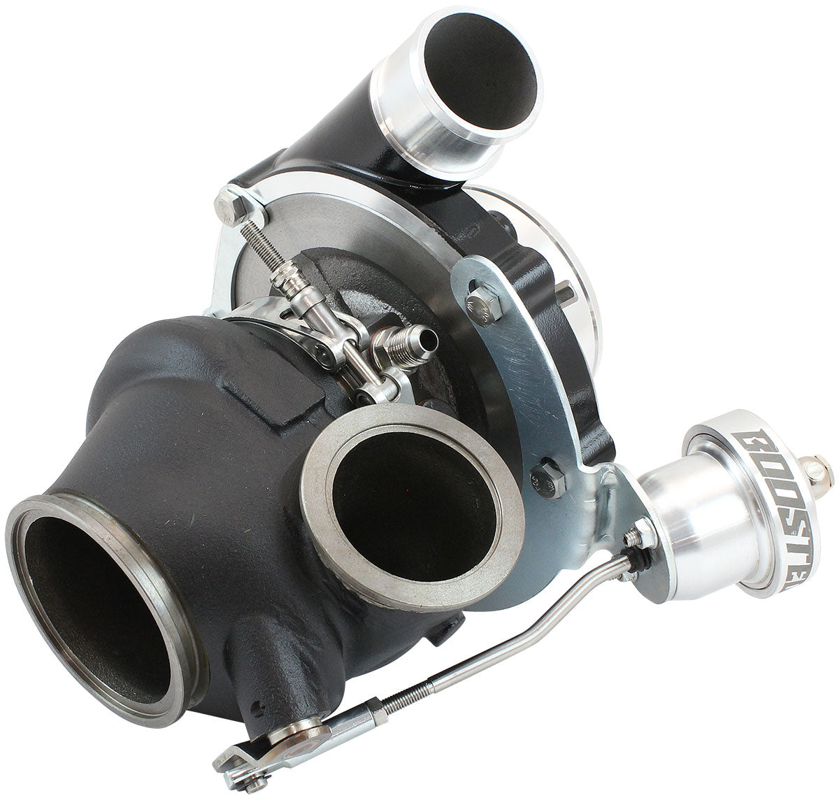 BOOSTED B5855.92 Reverse Rotation Turbocharger 770HP, Hi Temp Black Finish   Internal Wastegate, V-Band Inlet & Exhaust Flanges