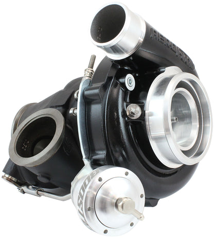 BOOSTED B5855.92 Reverse Rotation Turbocharger 770HP, Hi Temp Black Finish   Internal Wastegate, V-Band Inlet & Exhaust Flanges