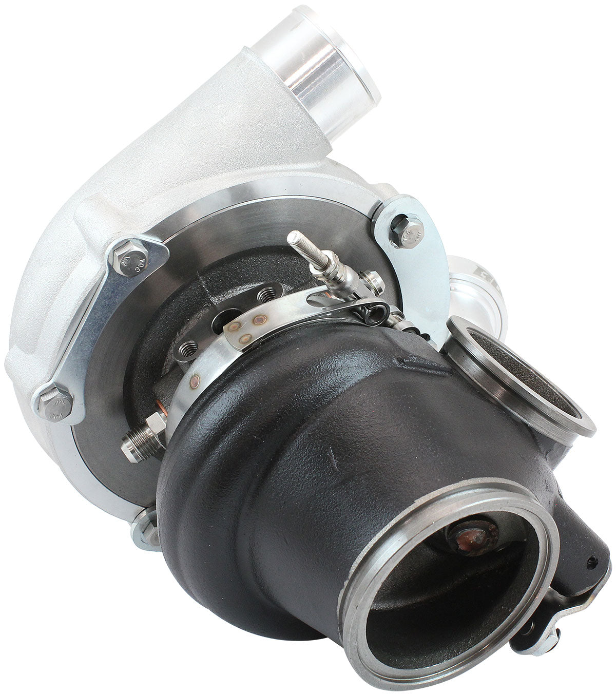 BOOSTED B5855.92 Reverse Rotation Turbocharger 770HP, Natural Cast Finish   Internal Wastegate, V-Band Inlet & Exhaust Flanges