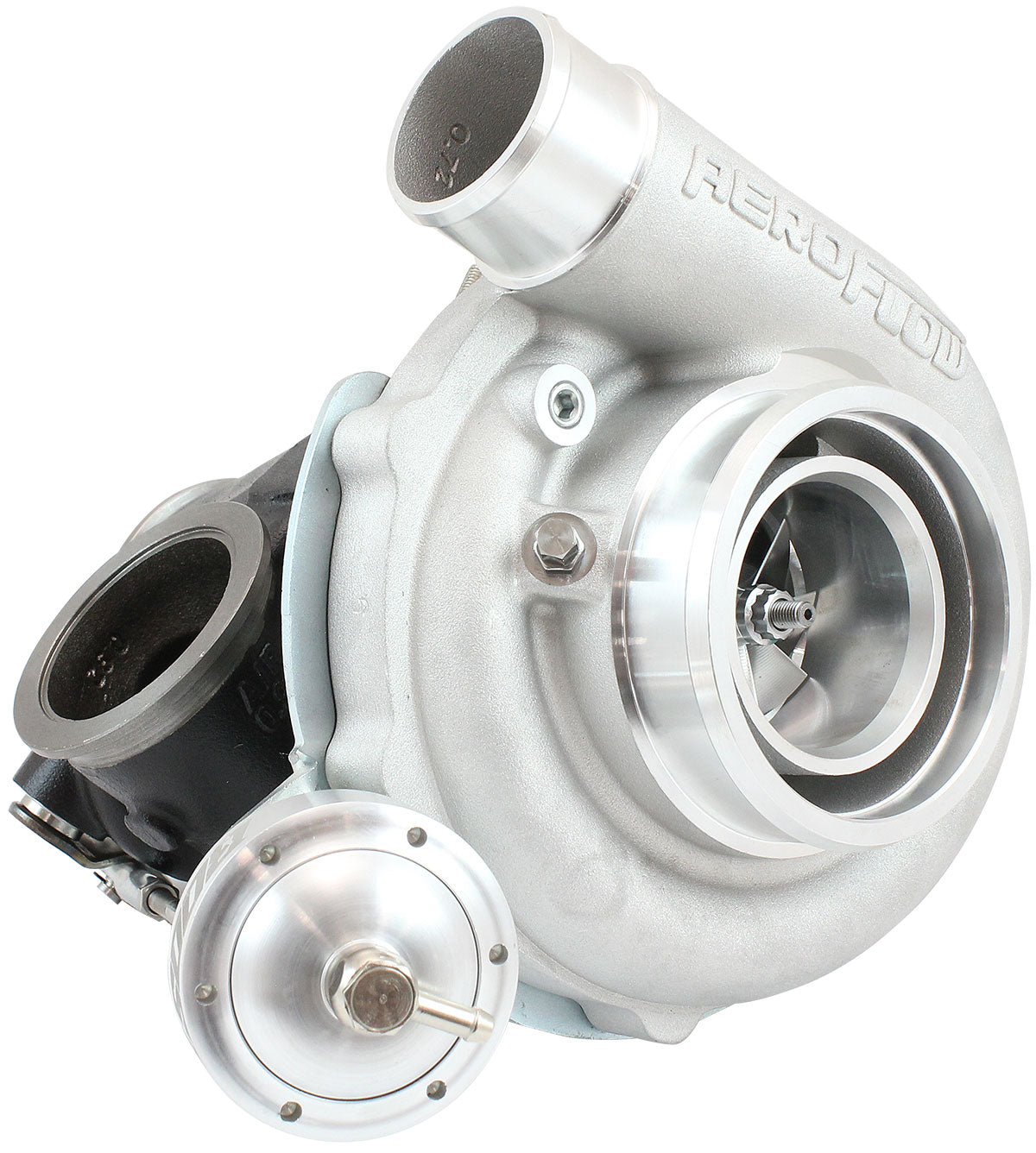 BOOSTED B5855.92 Reverse Rotation Turbocharger 770HP, Natural Cast Finish   Internal Wastegate, V-Band Inlet & Exhaust Flanges
