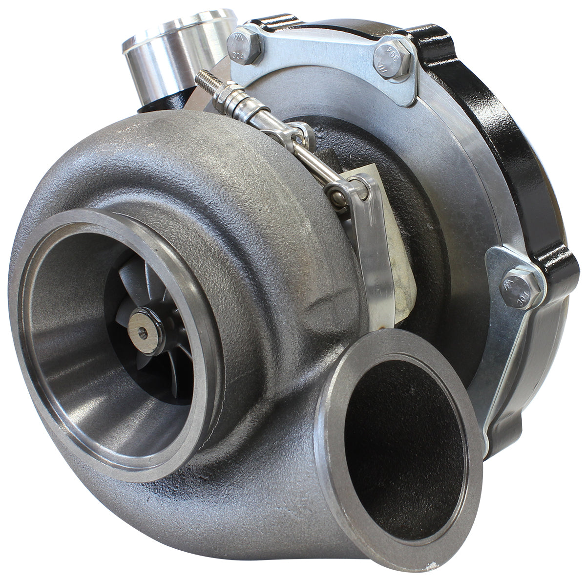 BOOSTED B5855 .83 Reverse Rotation Turbocharger 770HP, Hi Temp Black Finish   External Wastegate, V-Band Inlet & Exhaust Flanges