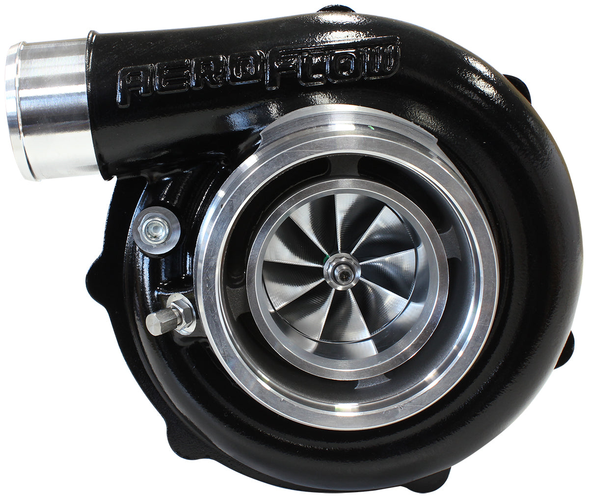 BOOSTED B5855 .83 Reverse Rotation Turbocharger 770HP, Hi Temp Black Finish   External Wastegate, V-Band Inlet & Exhaust Flanges