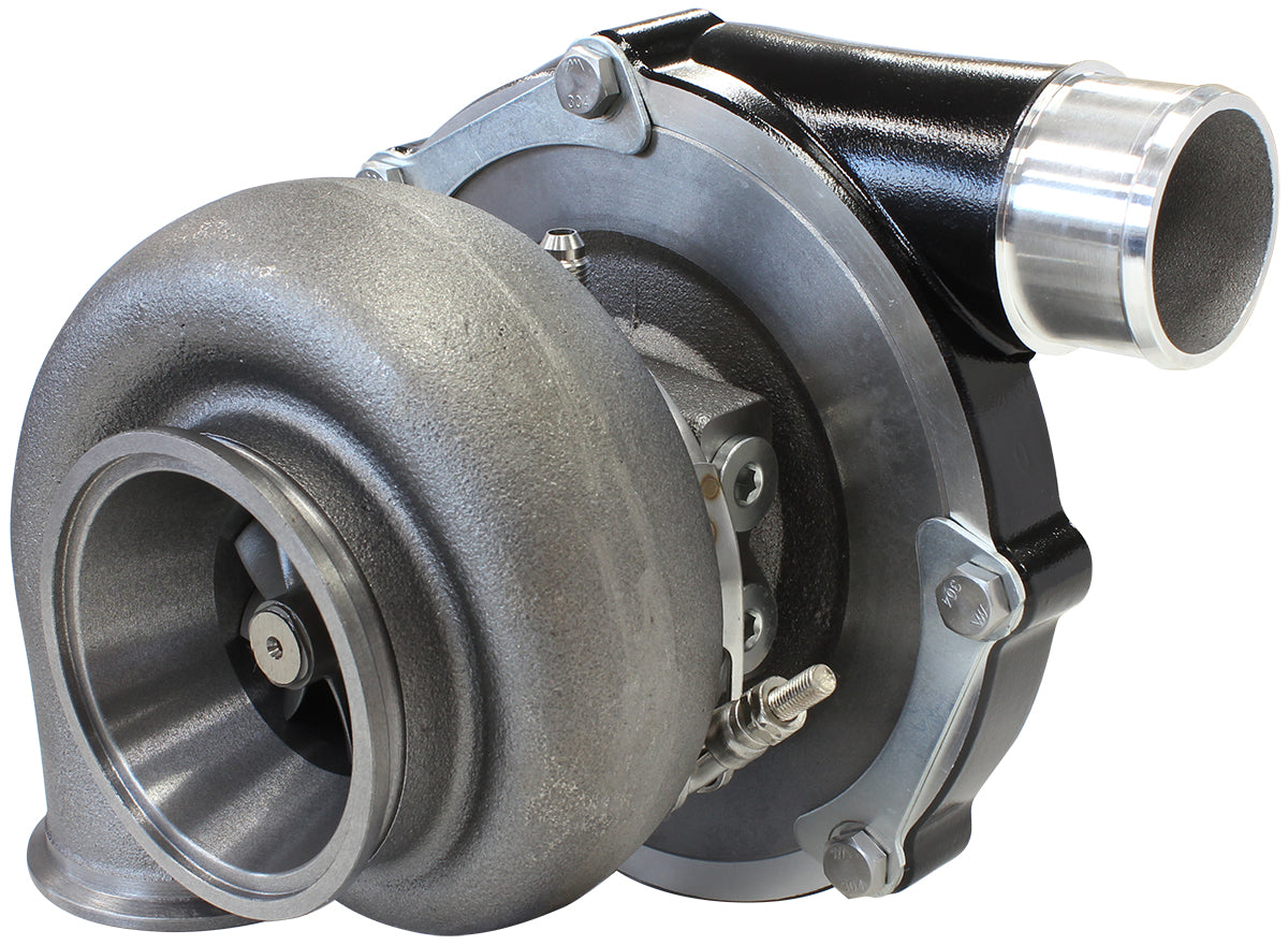 BOOSTED B5855 .83 Reverse Rotation Turbocharger 770HP, Hi Temp Black Finish   External Wastegate, V-Band Inlet & Exhaust Flanges