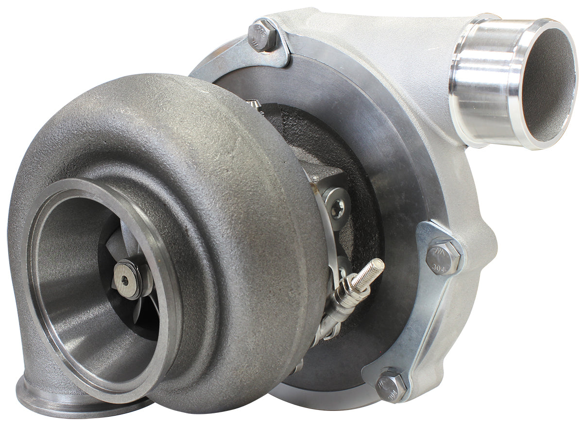 BOOSTED B5855 .83 Reverse Rotation Turbocharger 770HP, Natural Cast Finish   External Wastegate, V-Band Inlet & Exhaust Flanges