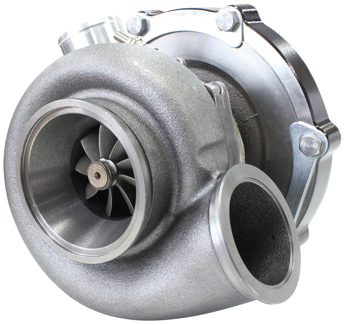BOOSTED B5855 1.01 Reverse Rotation Turbocharger 770HP, Hi Temp Black Finish   External Wastegate, V-Band Inlet & Exhaust Flanges
