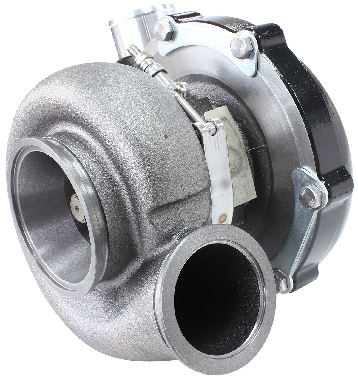 BOOSTED B5855 1.21 Reverse Rotation Turbocharger 770HP, Hi Temp Black Finish   External Wastegate, V-Band Inlet & Exhaust Flanges