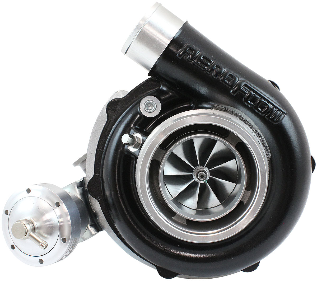 BOOSTED 6255.92 Reverse Rotation Turbocharger 900HP, Hi Temp Black Finish   Internal Wastegate, V-Band Inlet & Exhaust Flanges
