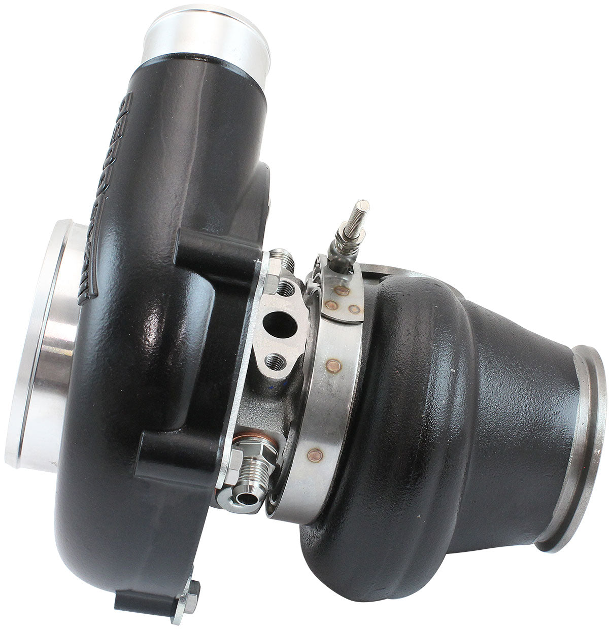 BOOSTED 6255.92 Reverse Rotation Turbocharger 900HP, Hi Temp Black Finish   Internal Wastegate, V-Band Inlet & Exhaust Flanges