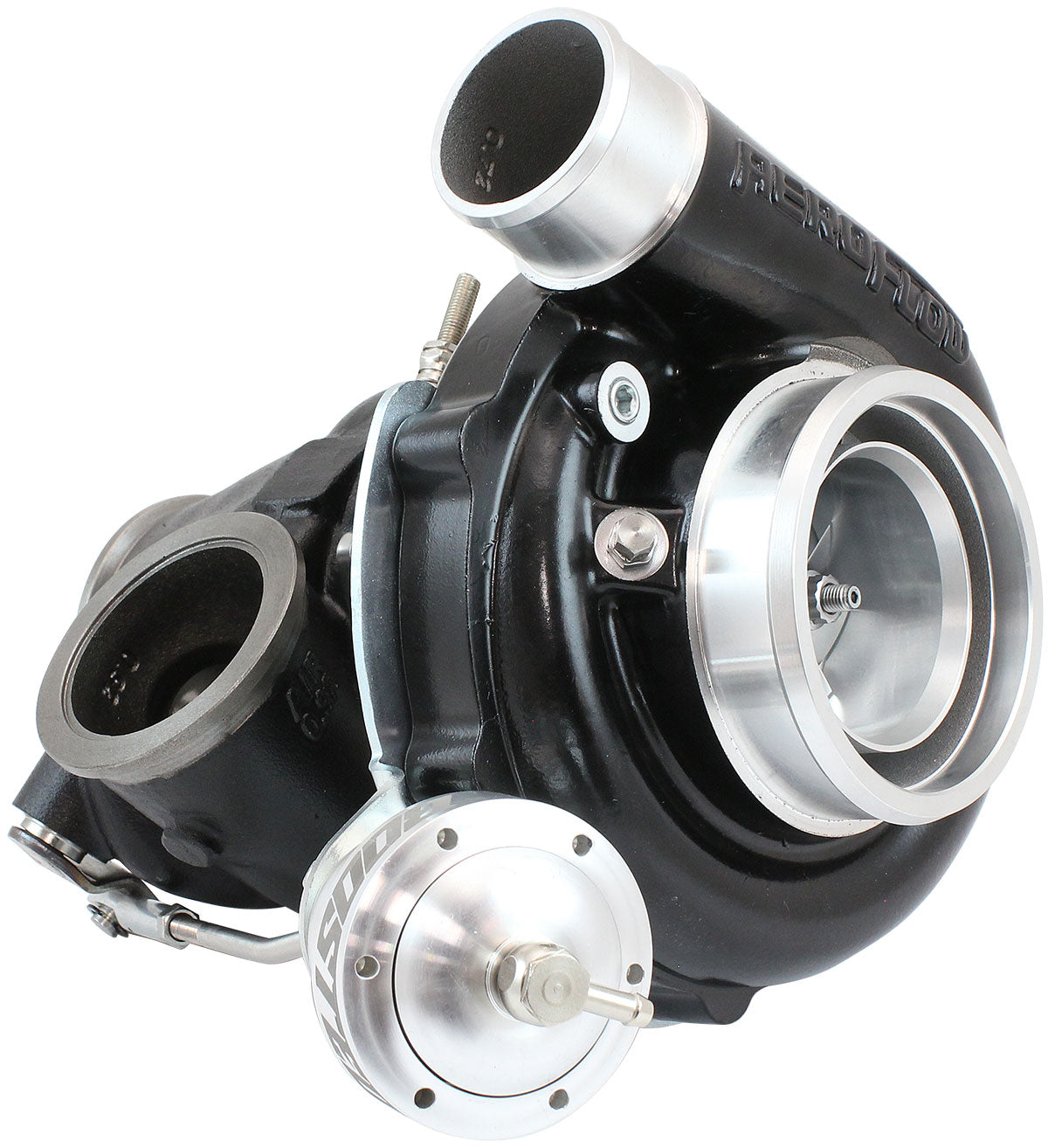 BOOSTED 6255.92 Reverse Rotation Turbocharger 900HP, Hi Temp Black Finish   Internal Wastegate, V-Band Inlet & Exhaust Flanges