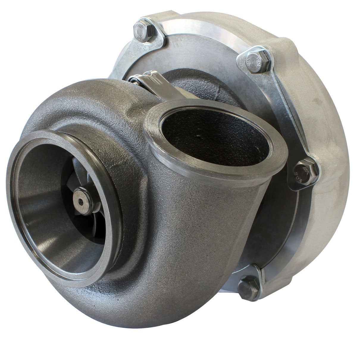 BOOSTED 6255 .83 Reverse Rotation Turbocharger 900HP, Natural Cast Finish   External Wastegate, V-Band Inlet & Exhaust Flanges