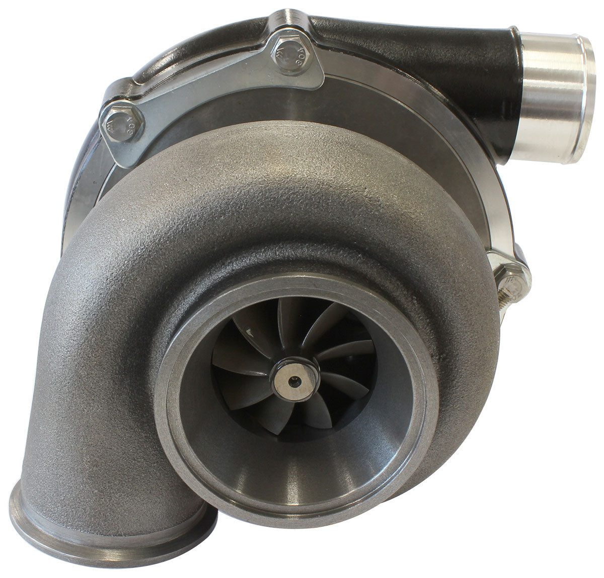 BOOSTED 6255 1.21 Reverse Rotation Turbocharger 900HP, Hi Temp Black Finish   External Wastegate, V-Band Inlet & Exhaust Flanges