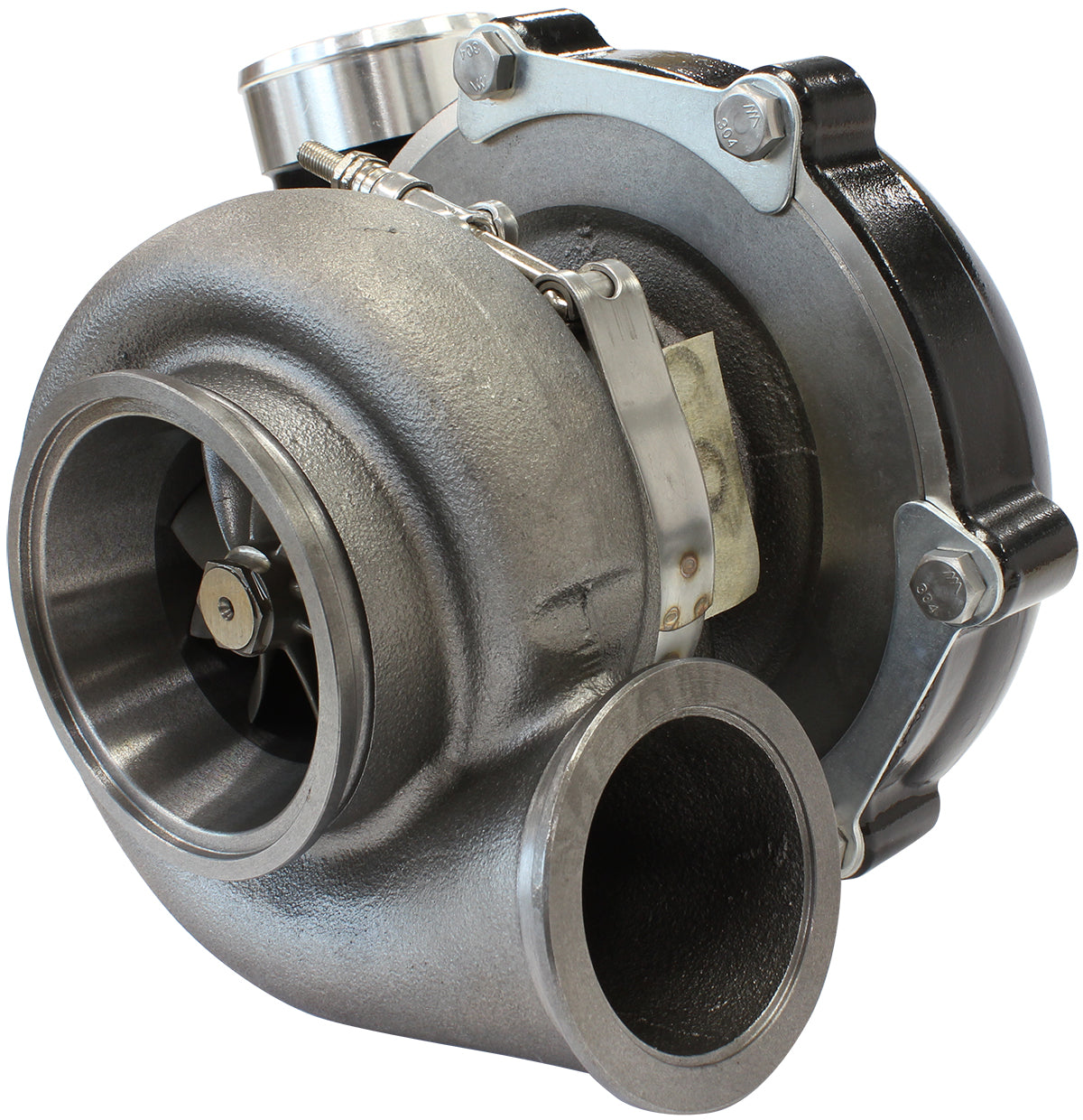BOOSTED 6862 .83 Reverse Rotation Turbocharger 1050HP, Hi Temp Black Finish   External Wastegate, V-Band Inlet & Exhaust Flanges