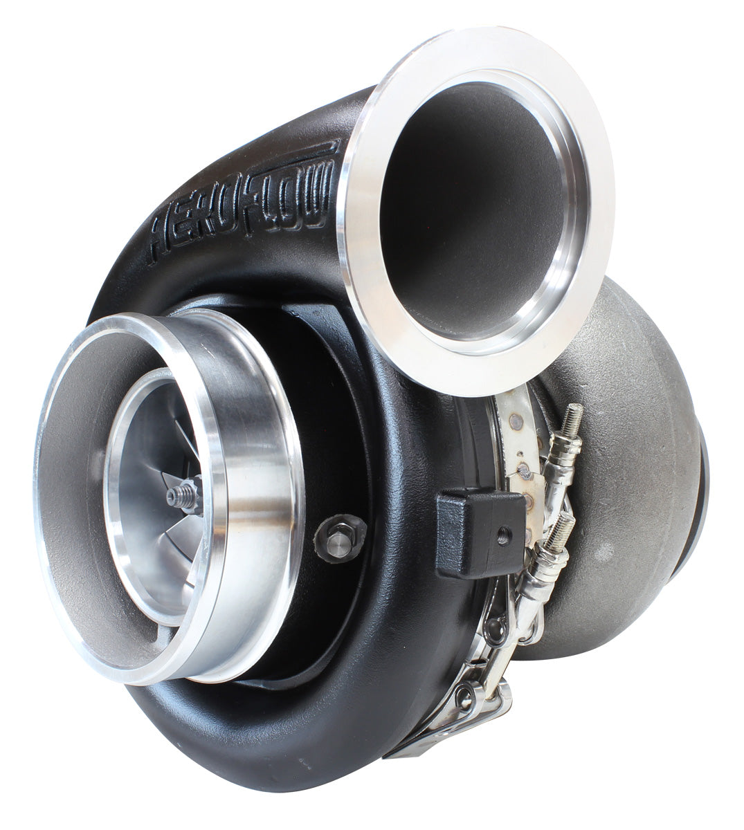 BOOSTED 8077 T4 1.15 Turbocharger 1250HP, Hi Temp Black Finish   External Wastegate, T4 Twin Entry Inlet Flange, V-Band Exhaust Flange