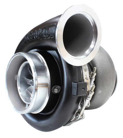 BOOSTED 8077 T4 1.15 Turbocharger 1250HP, Hi Temp Black Finish   External Wastegate, T4 Twin Entry Inlet Flange, V-Band Exhaust Flange