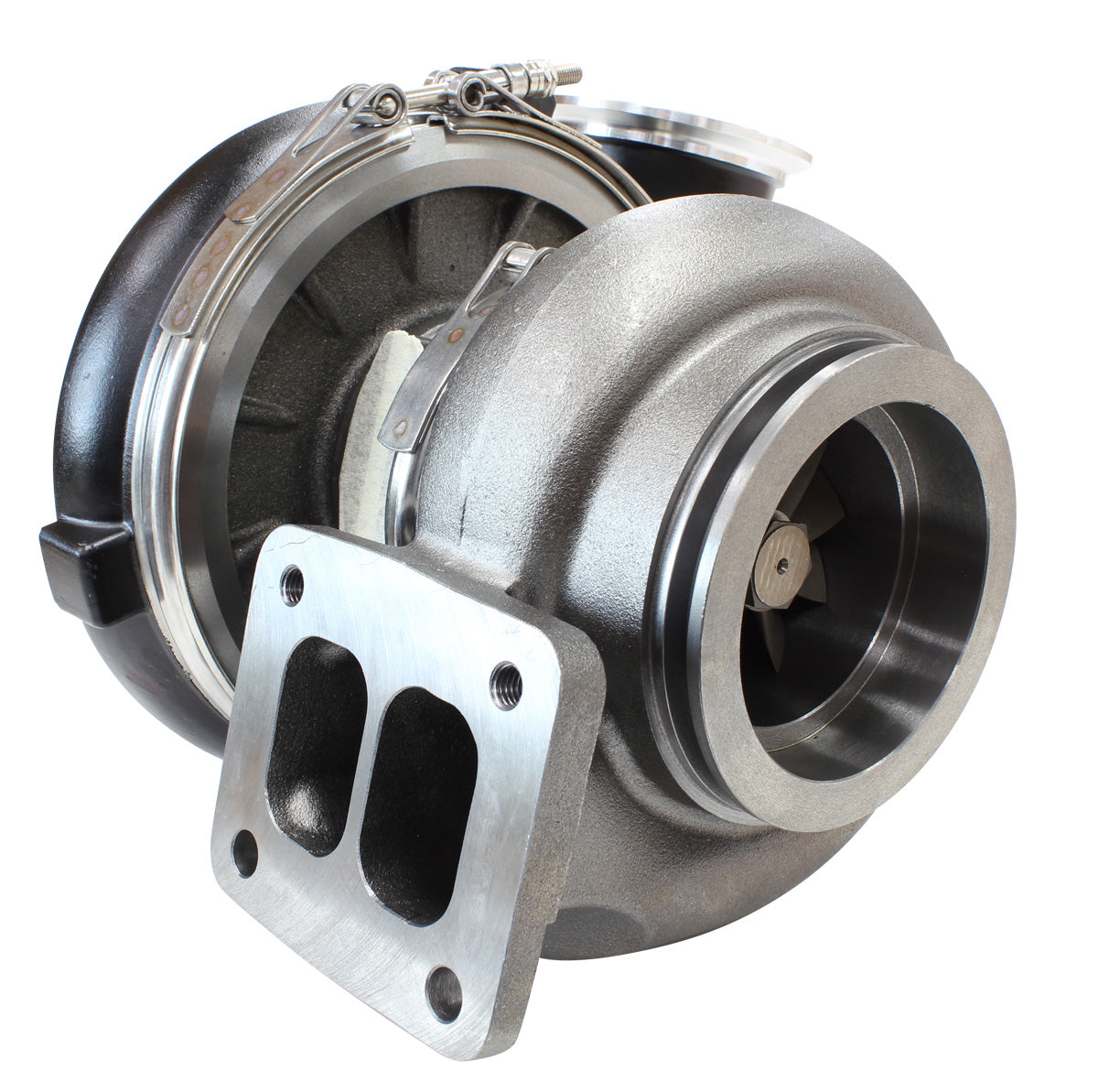 BOOSTED 8077 T4 1.15 Turbocharger 1250HP, Hi Temp Black Finish   External Wastegate, T4 Twin Entry Inlet Flange, V-Band Exhaust Flange