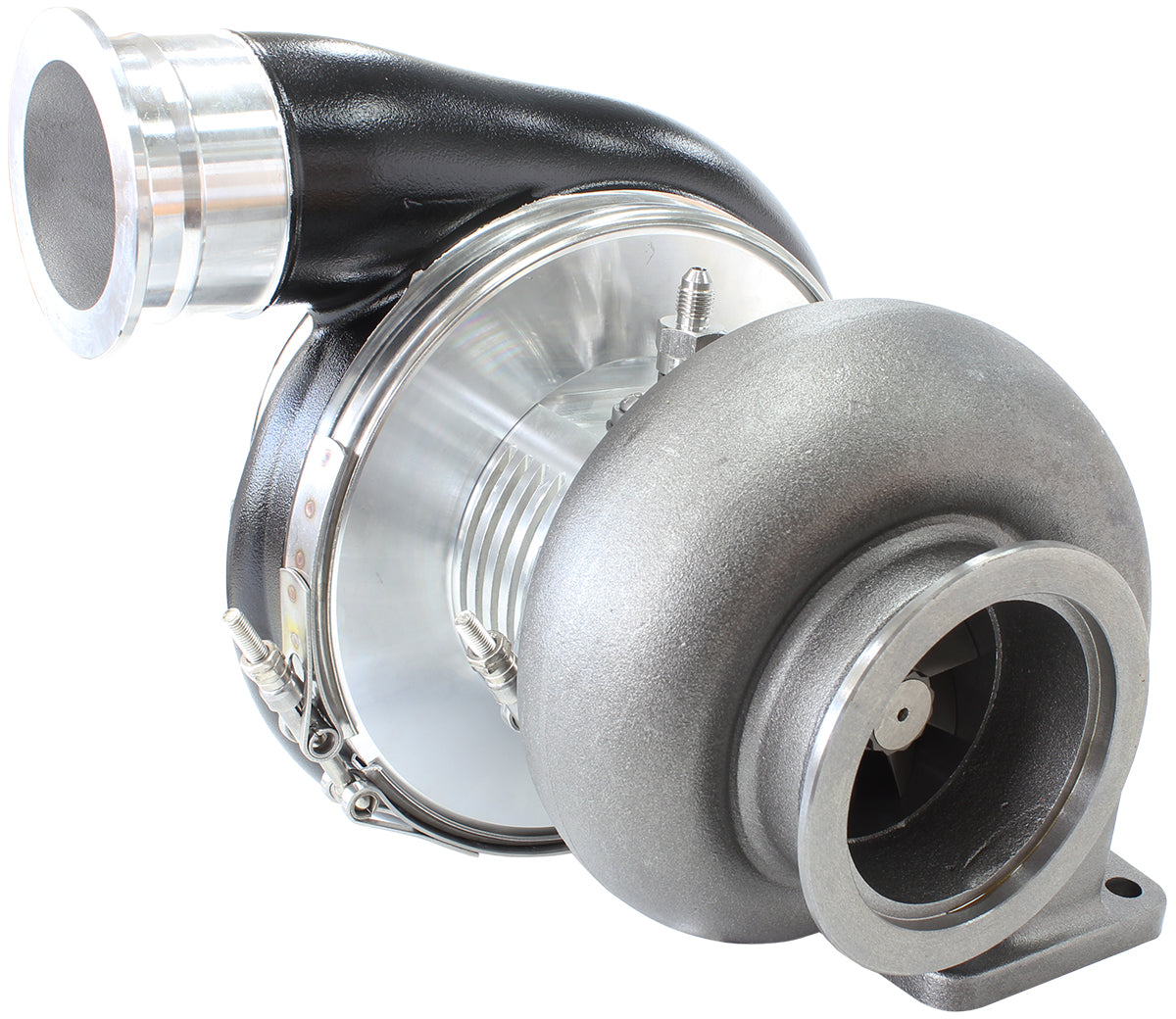 BOOSTED 7575 T4 1.10 Turbocharger 1050HP, Hi Temp Black Finish   External Wastegate, T4 Twin Entry Inlet Flange, V-Band Exhaust Flange