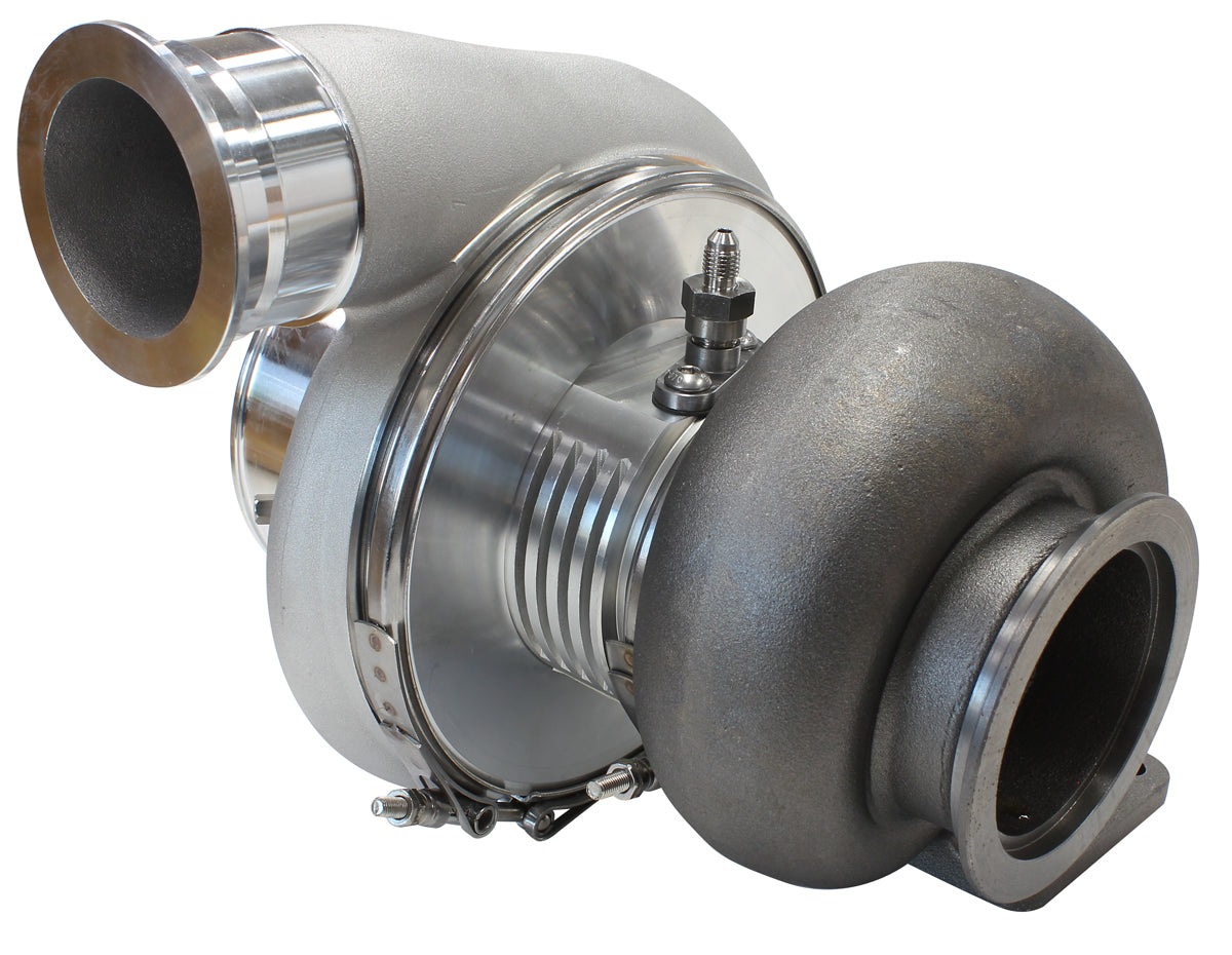 BOOSTED 7575 T4 1.10 Turbocharger 1050HP, Natural Cast Finish   External Wastegate, T4 Twin Entry Inlet Flange, V-Band Exhaust Flange