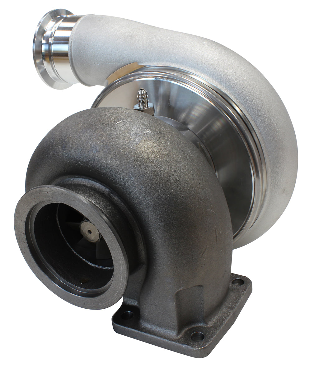 BOOSTED 7575 T4 1.10 Turbocharger 1050HP, Natural Cast Finish   External Wastegate, T4 Twin Entry Inlet Flange, V-Band Exhaust Flange