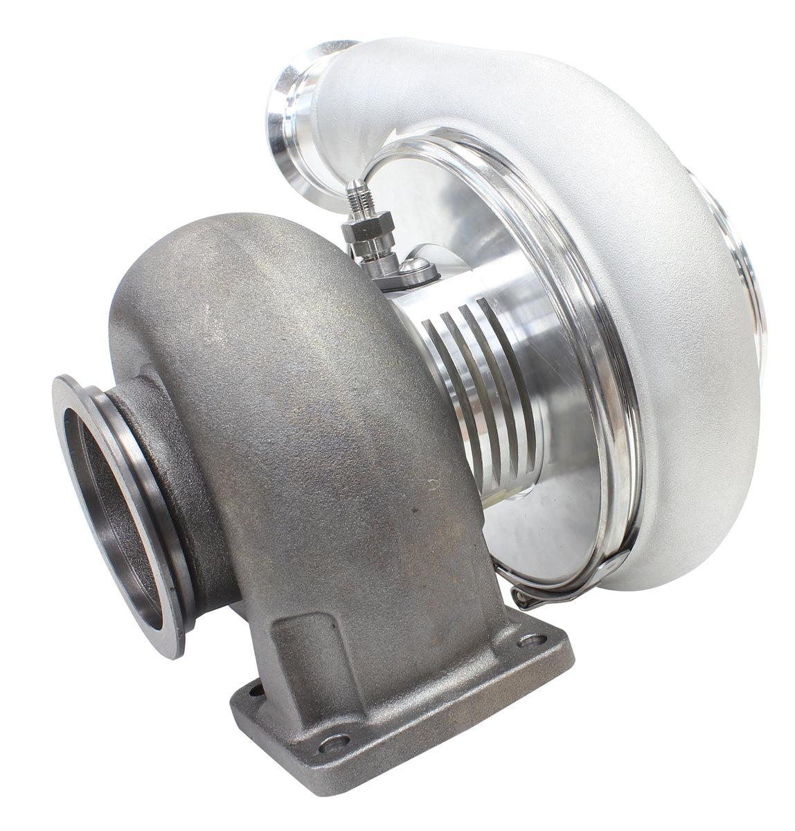 BOOSTED 8075 T4 1.10 Turbocharger 1250HP, Natural Cast Finish   External Wastegate, T4 Twin Entry Inlet Flange, V-Band Exhaust Flange
