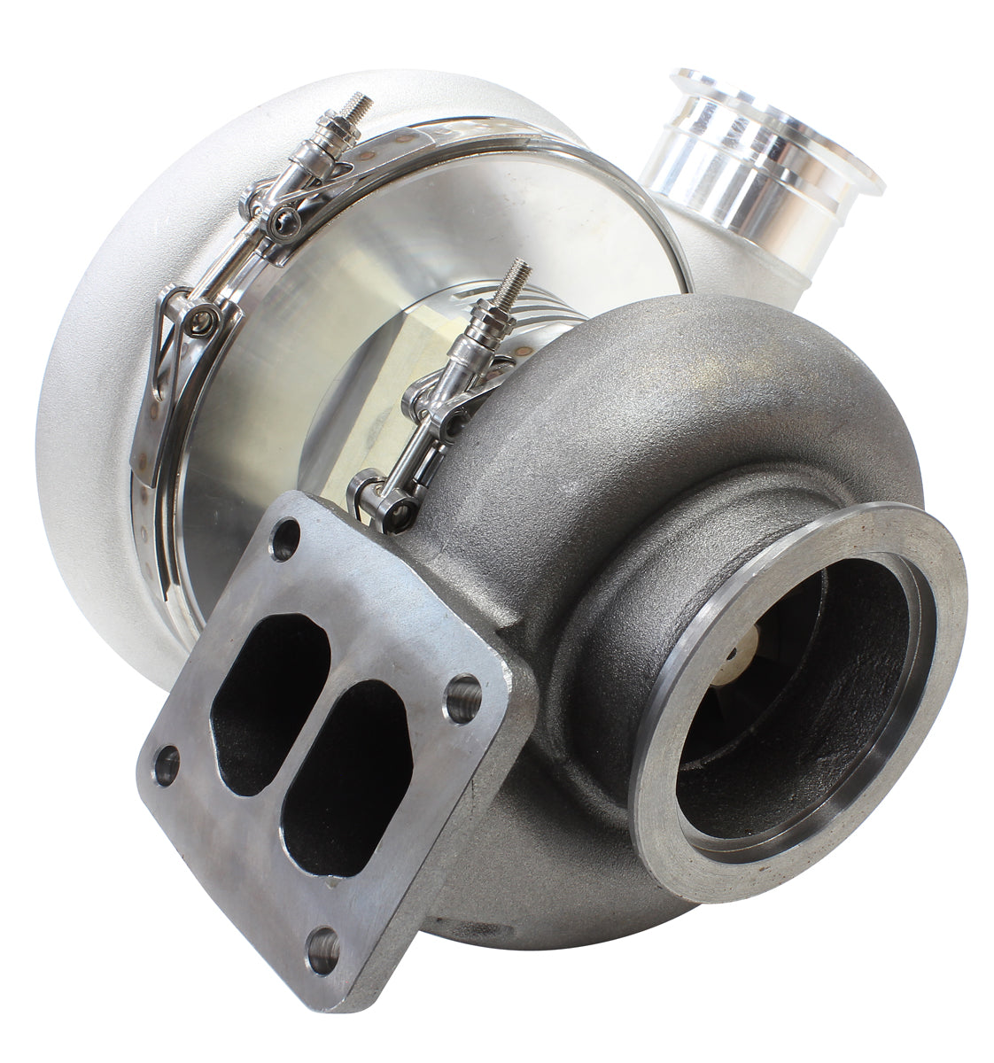 BOOSTED 8075 T4 1.10 Turbocharger 1250HP, Natural Cast Finish   External Wastegate, T4 Twin Entry Inlet Flange, V-Band Exhaust Flange
