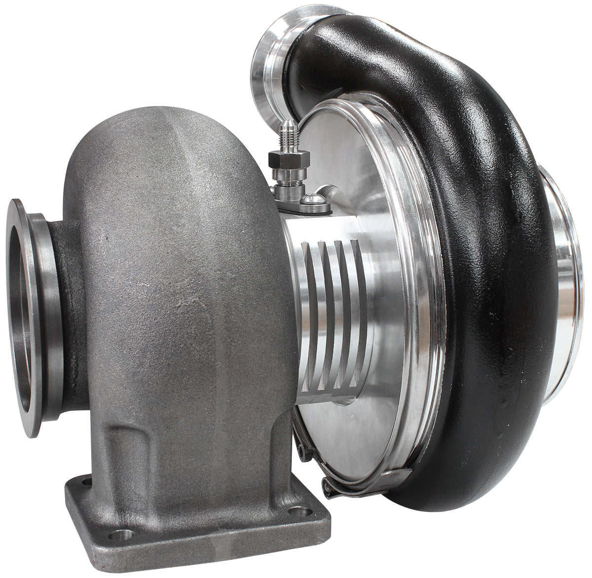 BOOSTED 7588 T4 1.25 Turbocharger 1500HP, Hi Temp Black Finish   External Wastegate, T4 Twin Entry Inlet Flange, V-Band Exhaust Flange