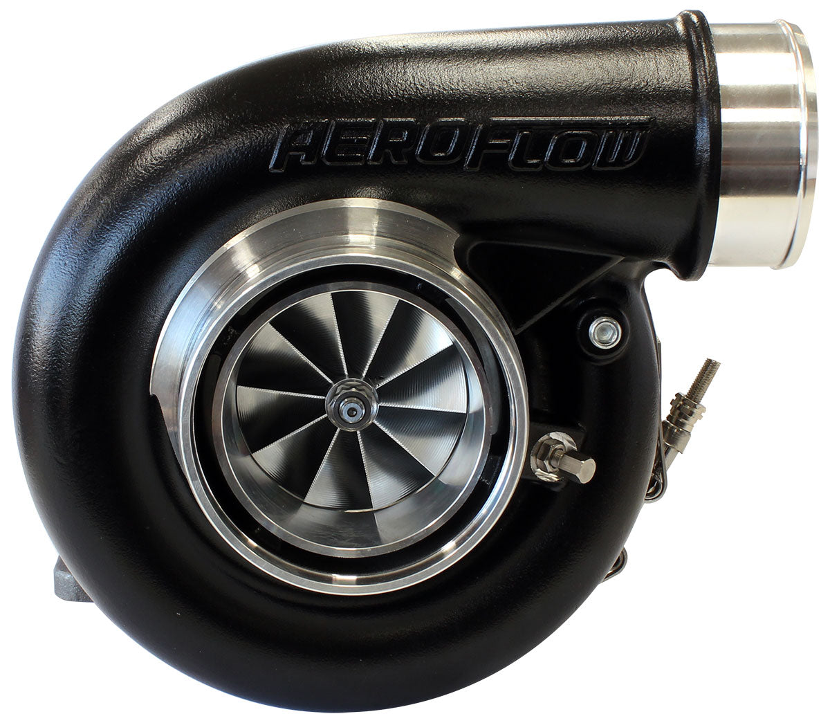 BOOSTED 7375 T4 1.25 Turbocharger 1200HP, Hi Temp Black Finish   External Wastegate, T4 Inlet Flange, V-Band Exhaust Flange