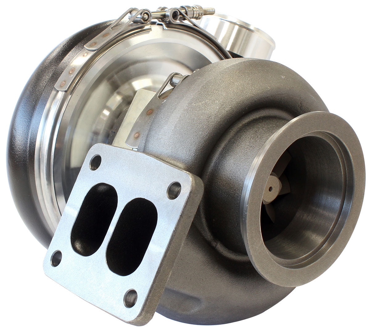 BOOSTED 7375 T4 1.25 Turbocharger 1200HP, Hi Temp Black Finish   External Wastegate, T4 Inlet Flange, V-Band Exhaust Flange