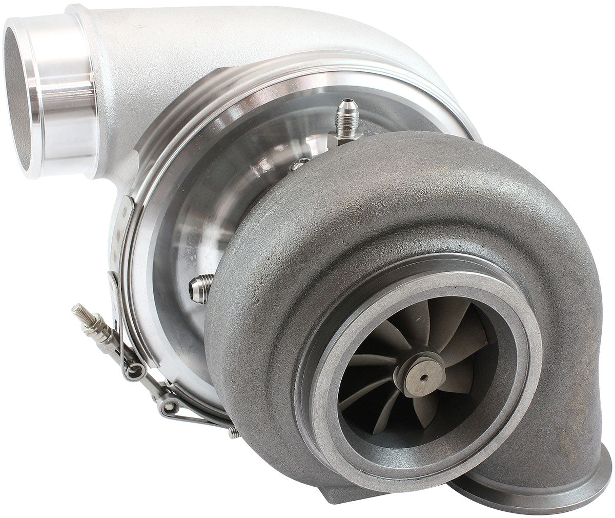 BOOSTED 7375 Dual V-Band 0.85 Turbocharger 1200HP, Natural Cast Finish   External Wastegate, V-Band Inlet & Exhaust Flanges