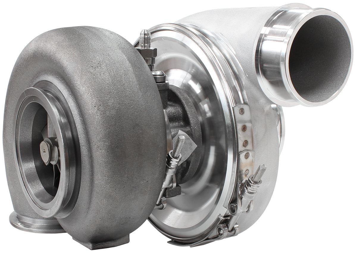 BOOSTED 7375 1.15 Reverse Rotation Turbocharger 1200HP, Natural Cast Finish   External Wastegate, V-Band Inlet & Exhaust Flanges