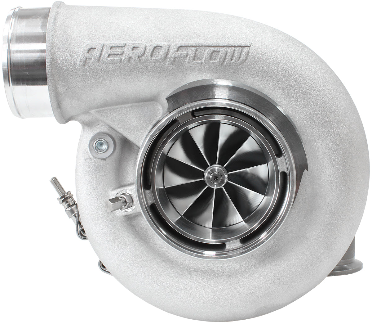 BOOSTED 7375 1.28 Reverse Rotation Turbocharger 1200HP, Natural Cast Finish   External Wastegate, V-Band Inlet & Exhaust Flanges