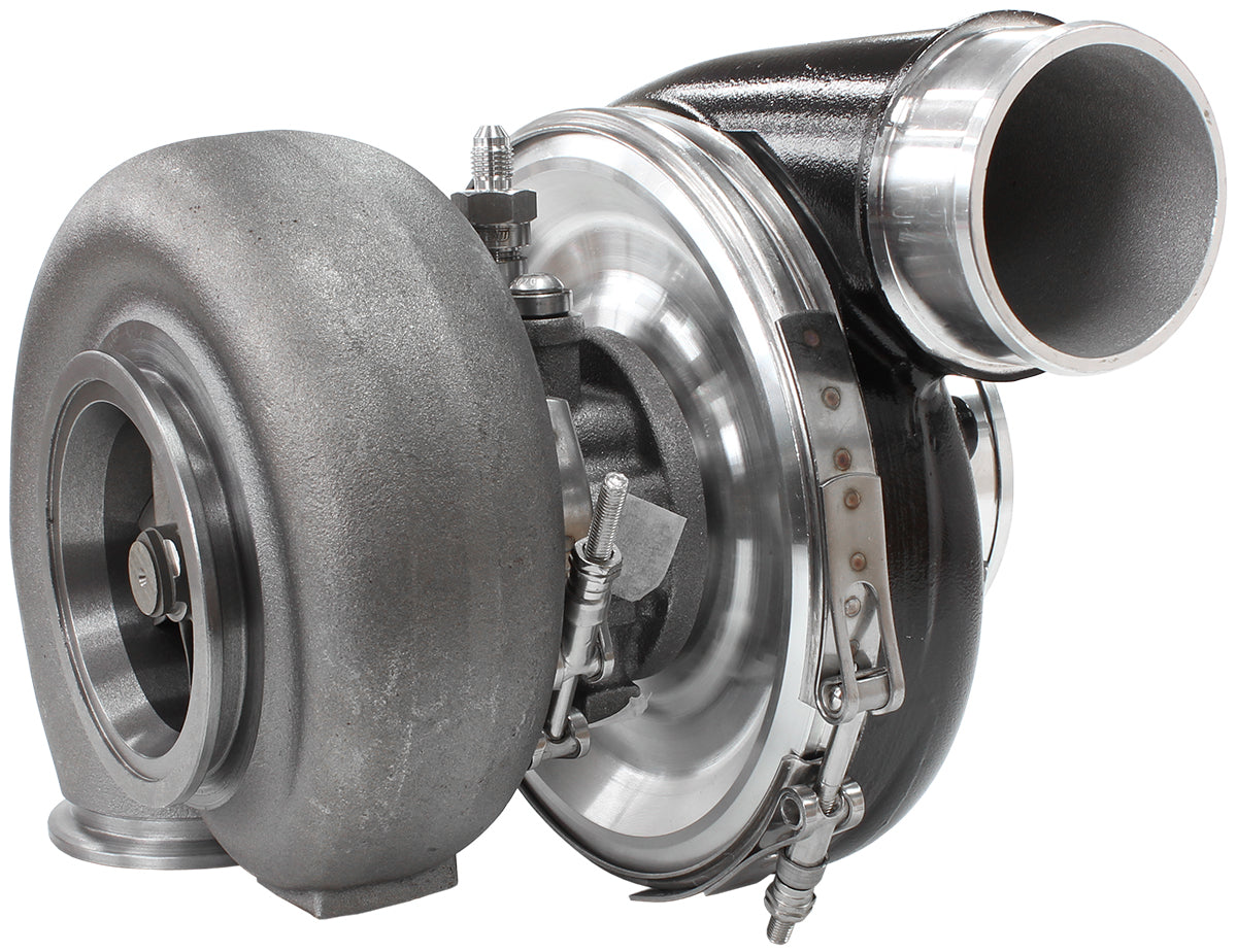 BOOSTED 7375 1.28 Reverse Rotation Turbocharger 1200HP, Hi Temp Black Finish   External Wastegate, V-Band Inlet & Exhaust Flanges