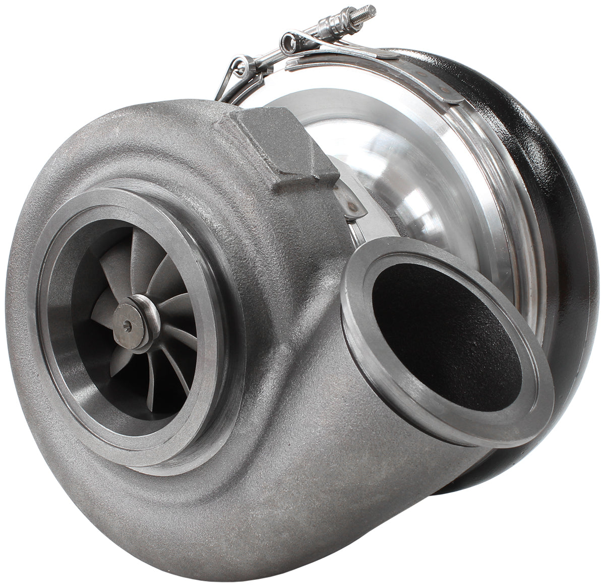 BOOSTED 7375 1.28 Reverse Rotation Turbocharger 1200HP, Hi Temp Black Finish   External Wastegate, V-Band Inlet & Exhaust Flanges