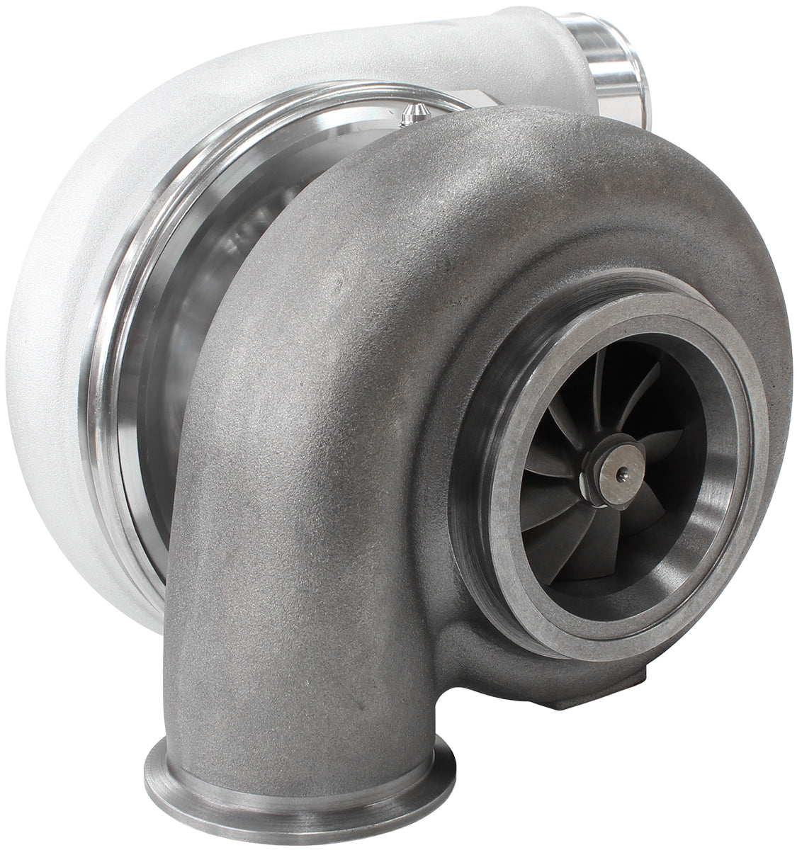 BOOSTED 7375 1.28 Reverse Rotation Turbocharger 1200HP, Natural Cast Finish   External Wastegate, V-Band Inlet & Exhaust Flanges