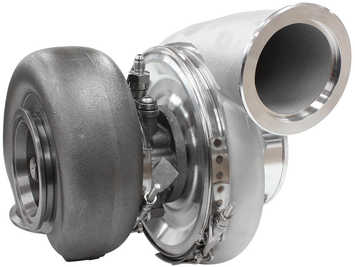 BOOSTED 7975 1.01 Reverse Rotation Turbocharger 1450HP, Natural Cast Finish   External Wastegate, V-Band Inlet & Exhaust Flanges