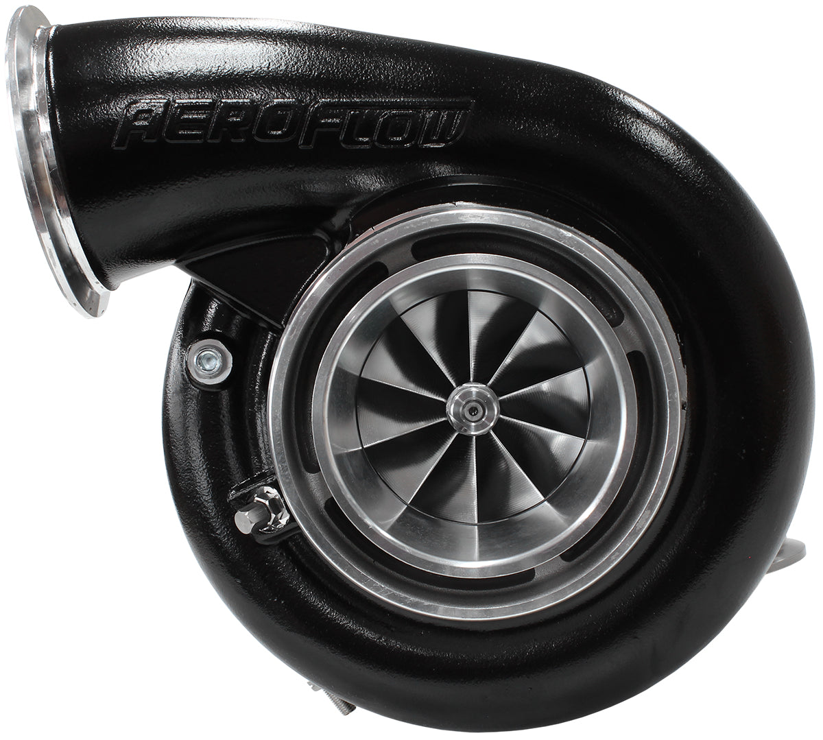 BOOSTED 7975 1.28 Reverse Rotation Turbocharger 1450HP, Hi Temp Black Finish   External Wastegate, V-Band Inlet & Exhaust Flanges