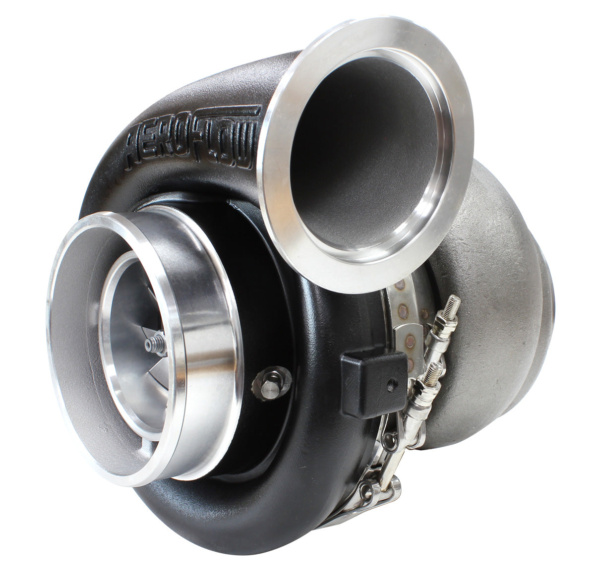 BOOSTED 8077 T6 1.26 Turbocharger 1250HP, Hi Temp Black Finish   External Wastegate, T6 Twin Entry Inlet Flange, V-Band Exhaust Flange